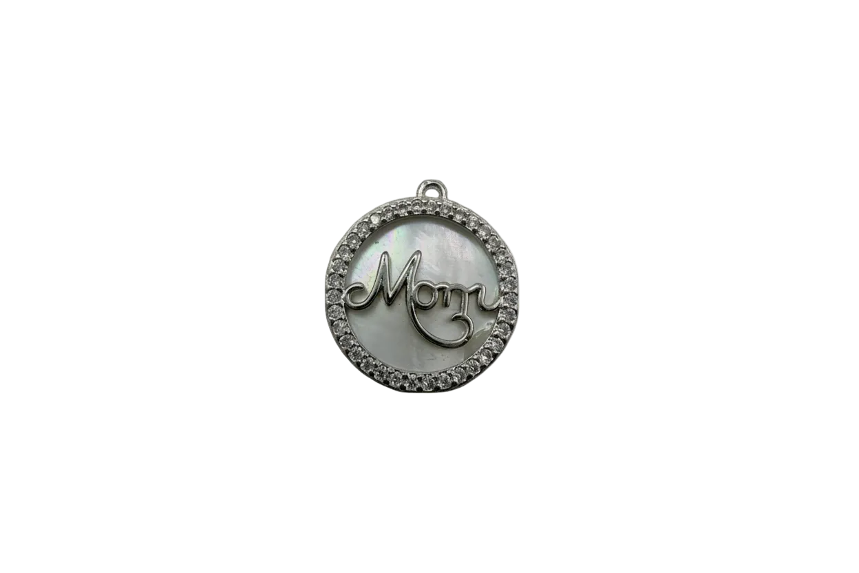 Silver mom medallion with iridescent inlay and clear crystal halo