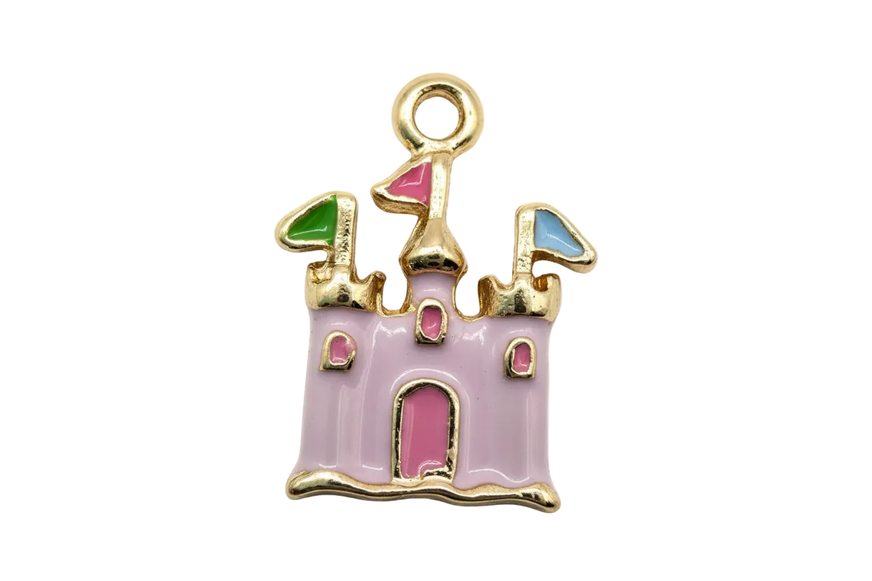 Gold-toned pastel pink enamel castle with multicolor turret roofs and pink door