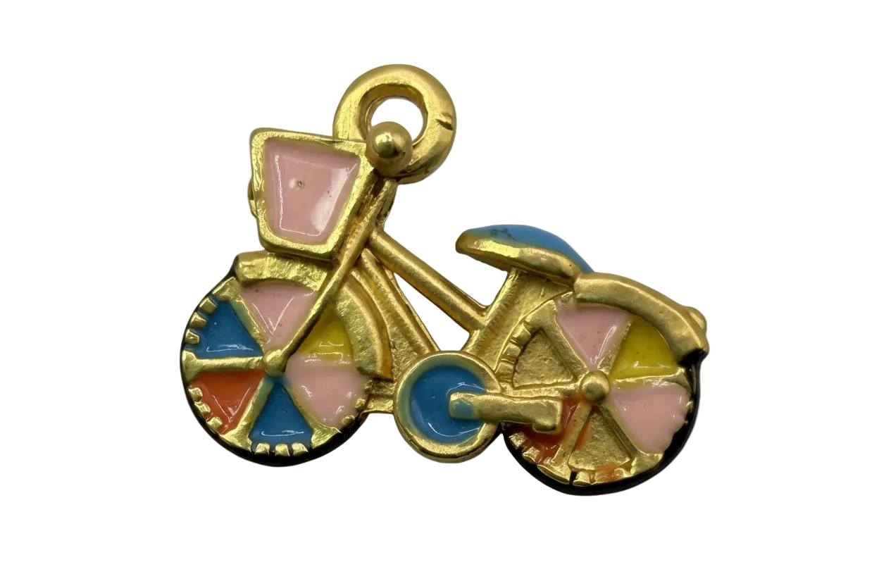 Gold bicycle charm with multicolor enamel pinwheel wheels and pink pennant flags