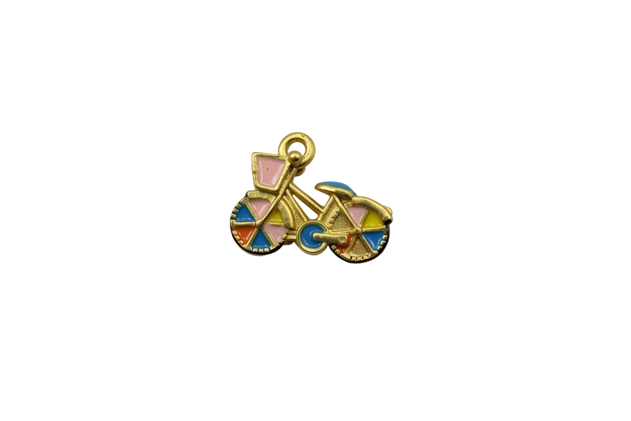 Gold bicycle with multicolor enamel wheels and pink pennant flags