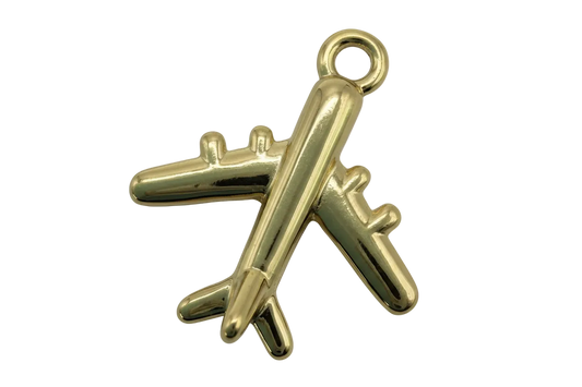 Polished gold airplane silhouette charm with glossy, rounded details