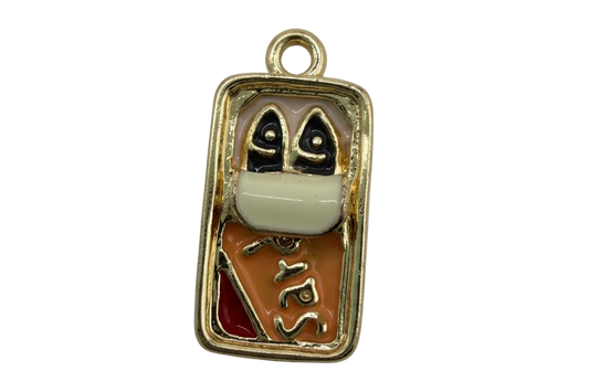 Gold rectangular enamel sushi motif with black and white details and orange-red accents
