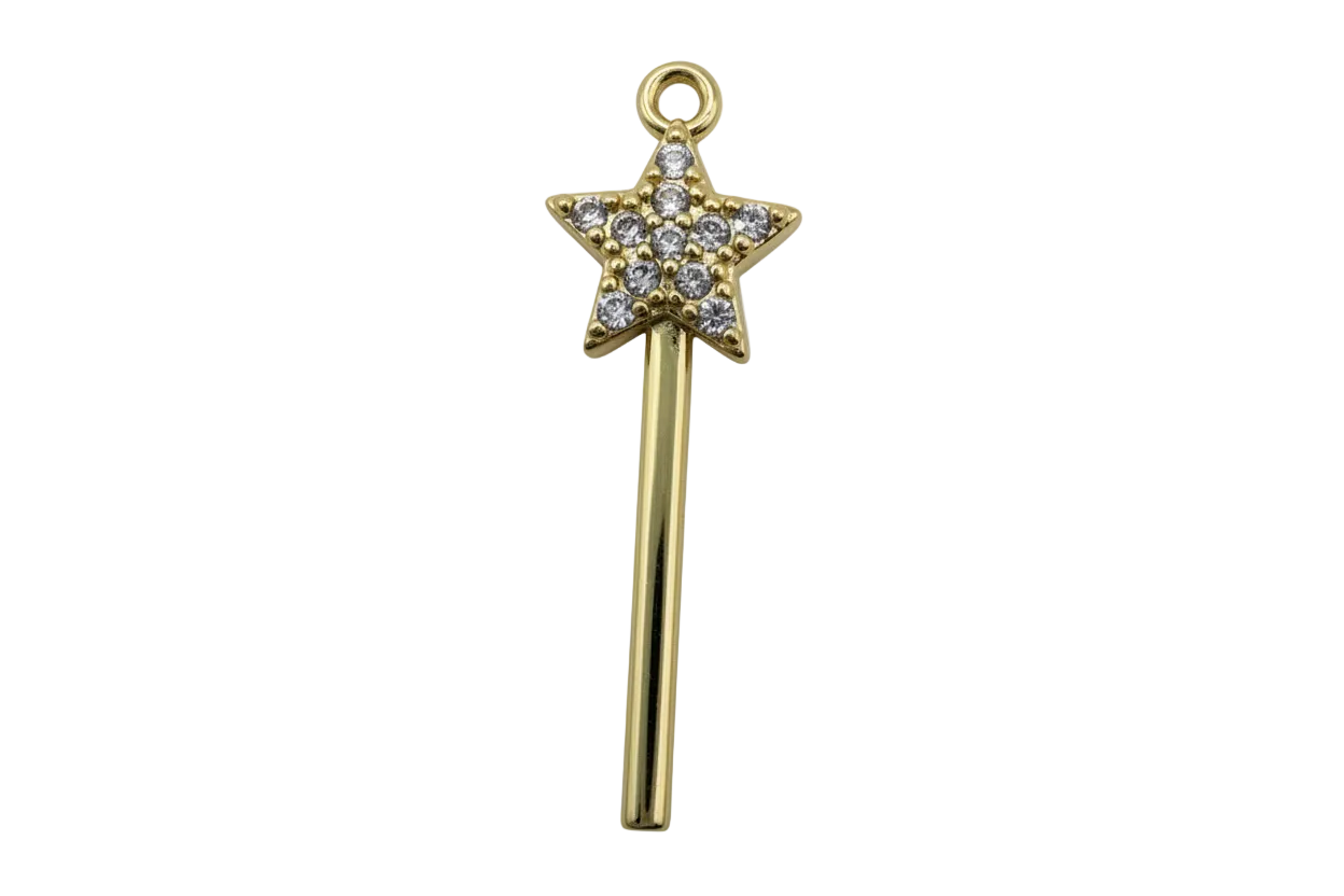 Gold star wand charm with pavé clear crystals on a black background