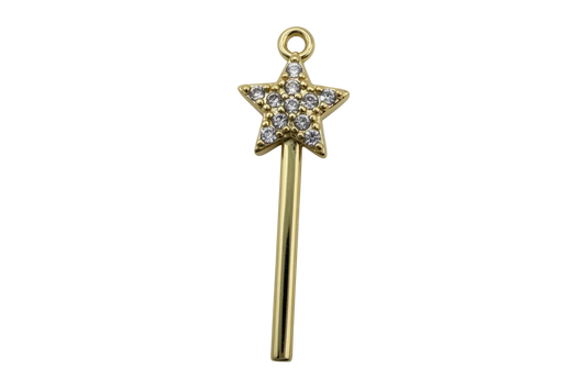 Gold star wand charm with pavé clear crystals on a black background