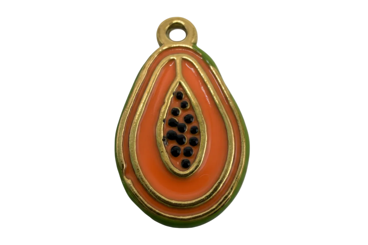 Gold papaya half charm with orange enamel, green edge, and raised black seed details