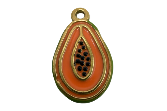 Gold papaya half charm with orange enamel, green edge, and raised black seed details