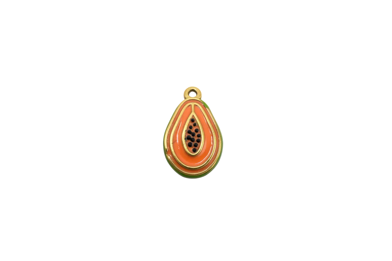 Gold papaya half with orange enamel and black seed details