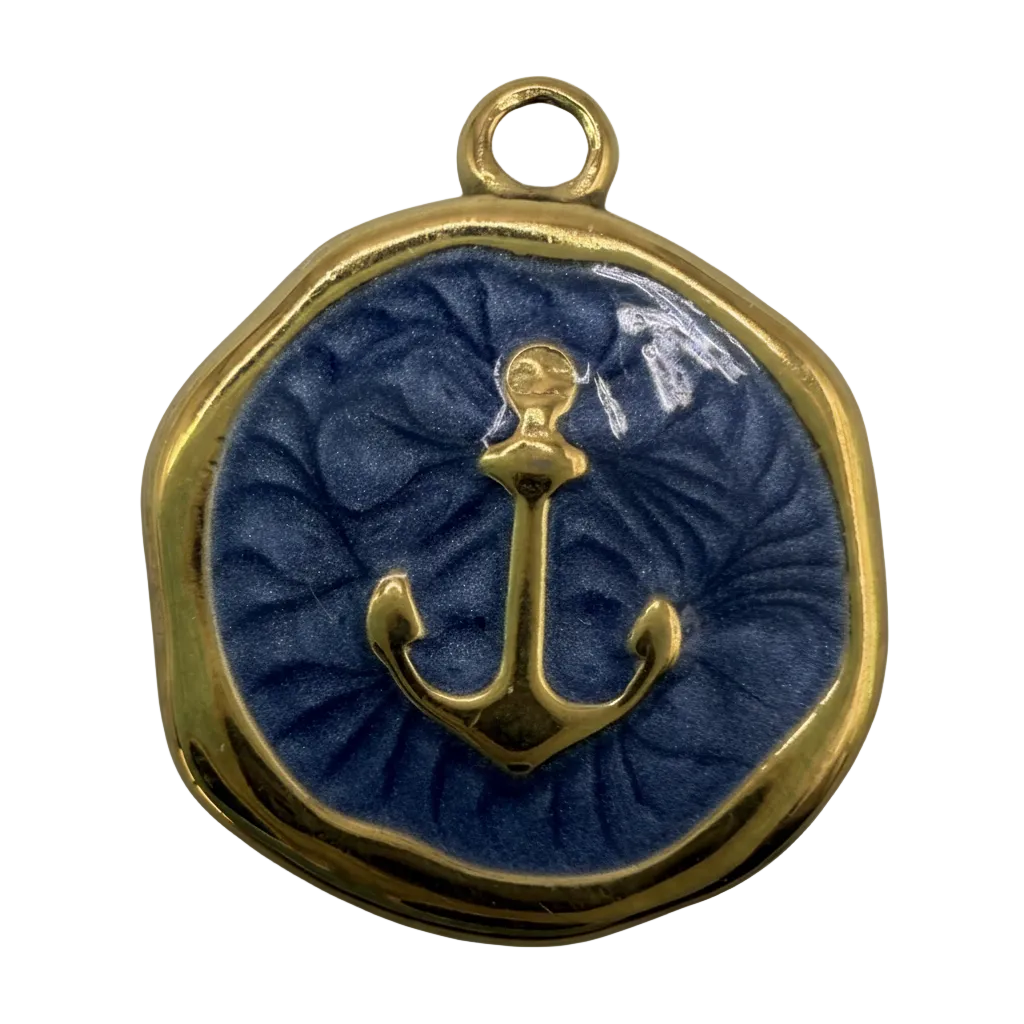 Gold anchor medallion charm with navy enamel background and irregular gold border