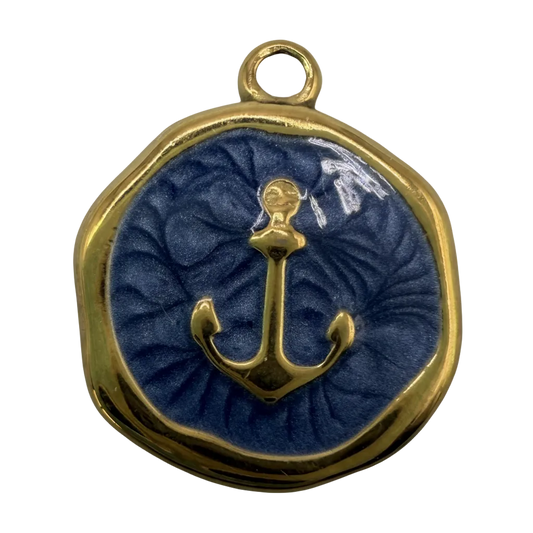 Gold anchor medallion charm with navy enamel background and irregular gold border