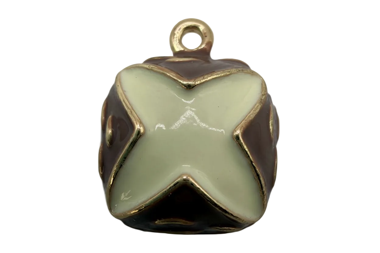 Glossy ivory X cube with gold outline and deep brown enamel sides
