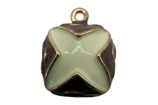Glossy ivory X cube with gold outline and deep brown enamel sides