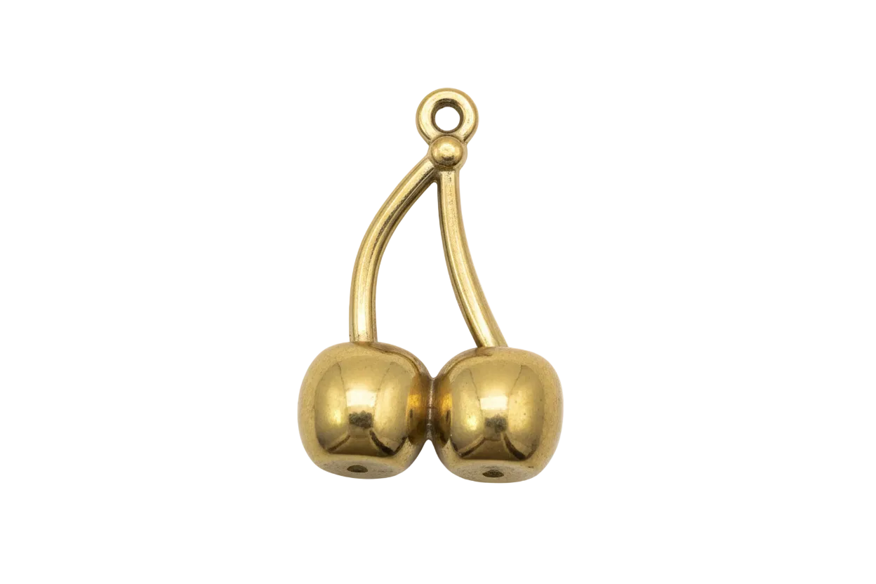 Polished gold cherry pair pendant with twin rounded cherries and curved stems