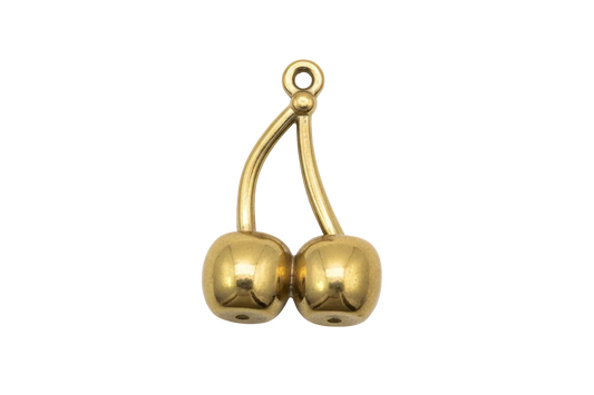 Polished gold cherry pair pendant with twin rounded cherries and curved stems