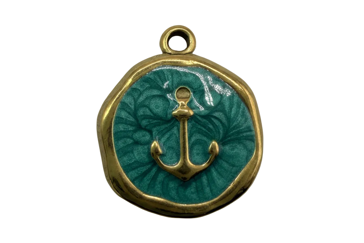 Gold anchor medallion with glossy teal enamel background and rounded-square edge