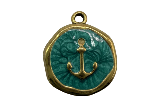 Gold anchor medallion with glossy teal enamel background and rounded-square edge