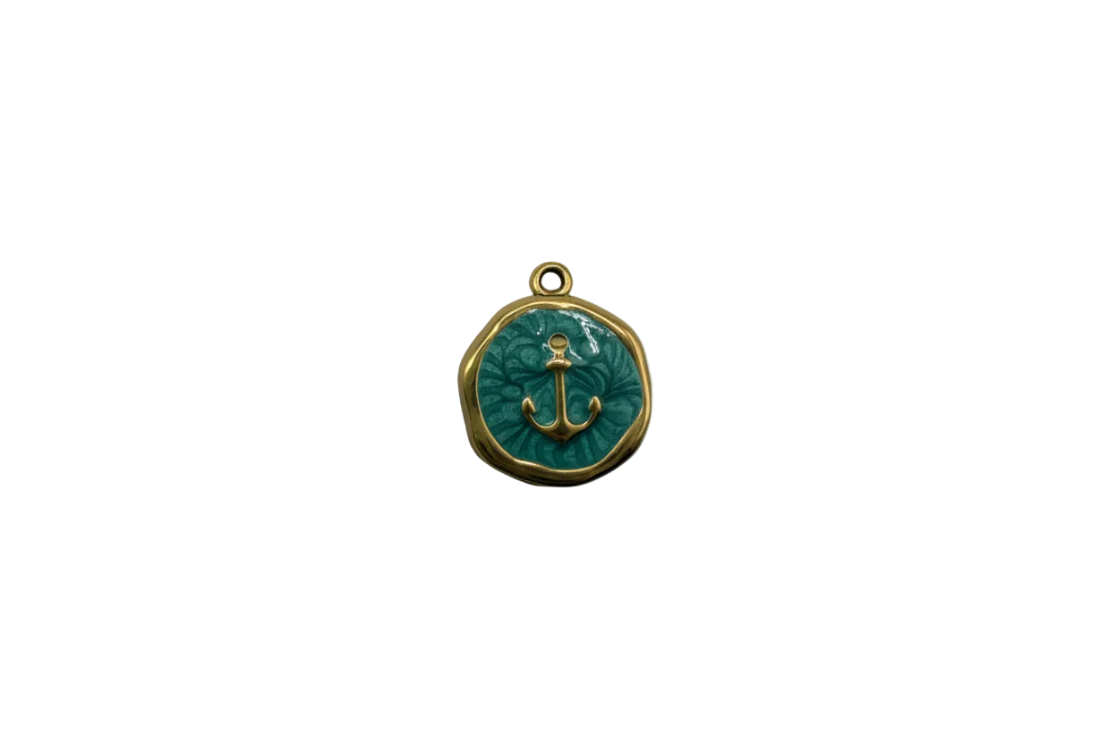 Gold anchor medallion with teal enamel