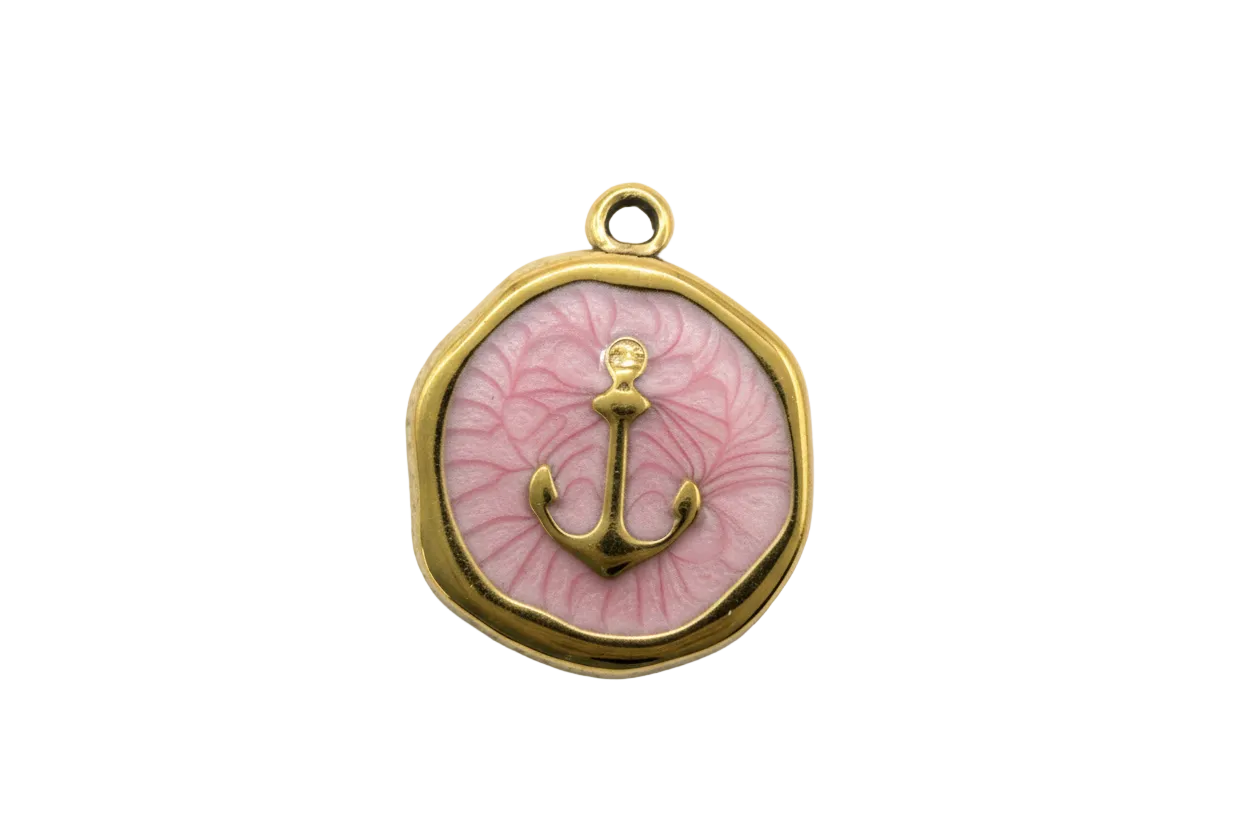 Polished gold anchor on blush pink marbled enamel medallion with a softly rounded coin silhouette