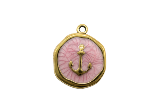 Polished gold anchor on blush pink marbled enamel medallion with a softly rounded coin silhouette