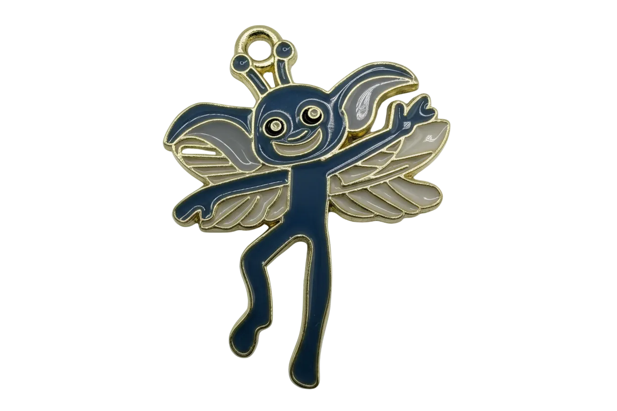 Navy blue winged creature with white wings and gold outline, glossy enamel finish