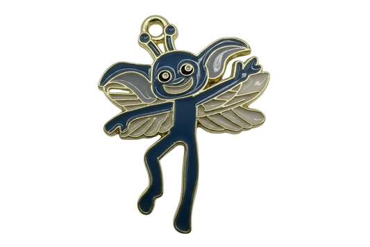 Navy blue winged creature with white wings and gold outline, glossy enamel finish
