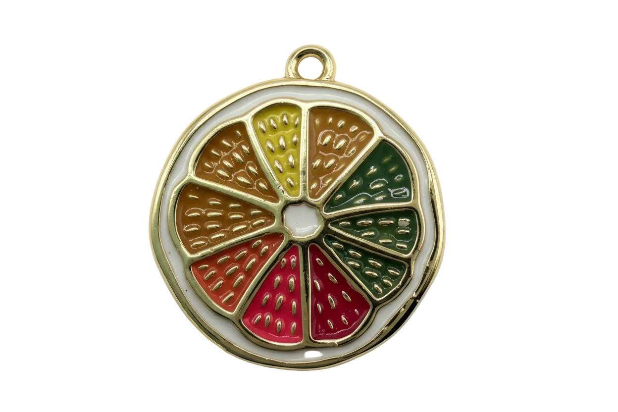 Round gold-framed enamel citrus slice pendant with multicolor segments and white rind