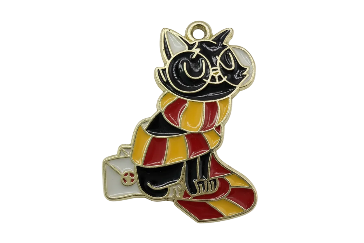 Glossy enamel black cat with red and yellow striped scarf and small envelope, gold outline