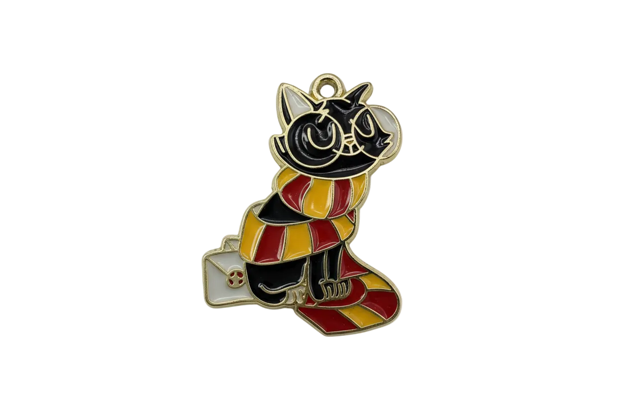Black cat with striped scarf and envelope, gold outline
