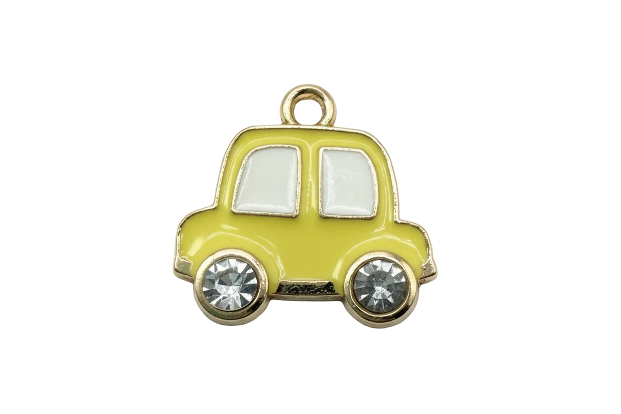 Yellow enamel car icon with gold outline, white windows, and clear faceted gem wheels