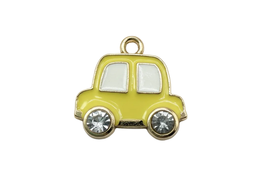 Yellow enamel car icon with gold outline, white windows, and clear faceted gem wheels