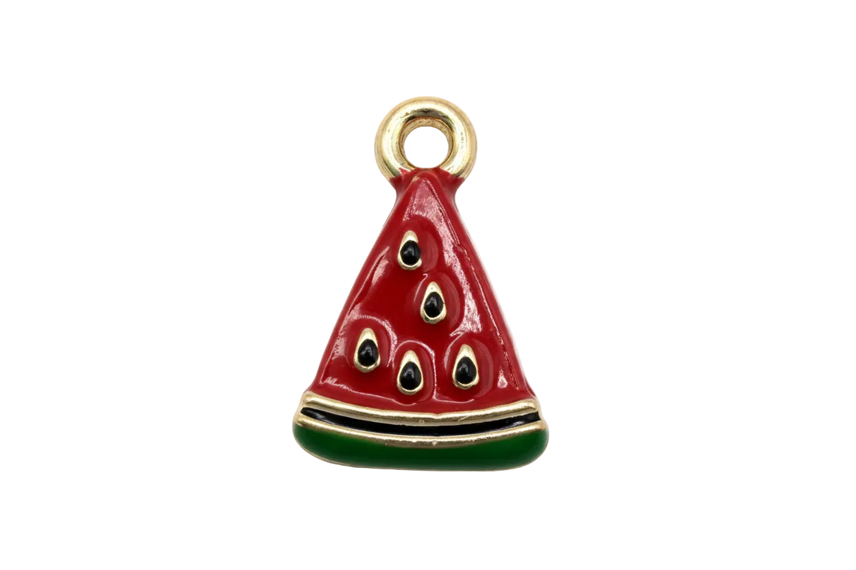 Glossy red watermelon slice with black seeds and green rind, outlined in gold.