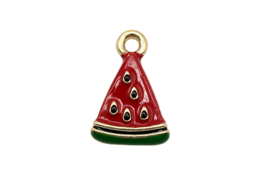 Glossy red watermelon slice with black seeds and green rind, outlined in gold.
