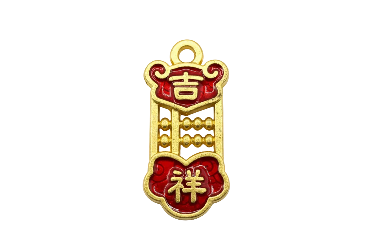 Gold abacus pendant with glossy red enamel panels and raised symbolic characters