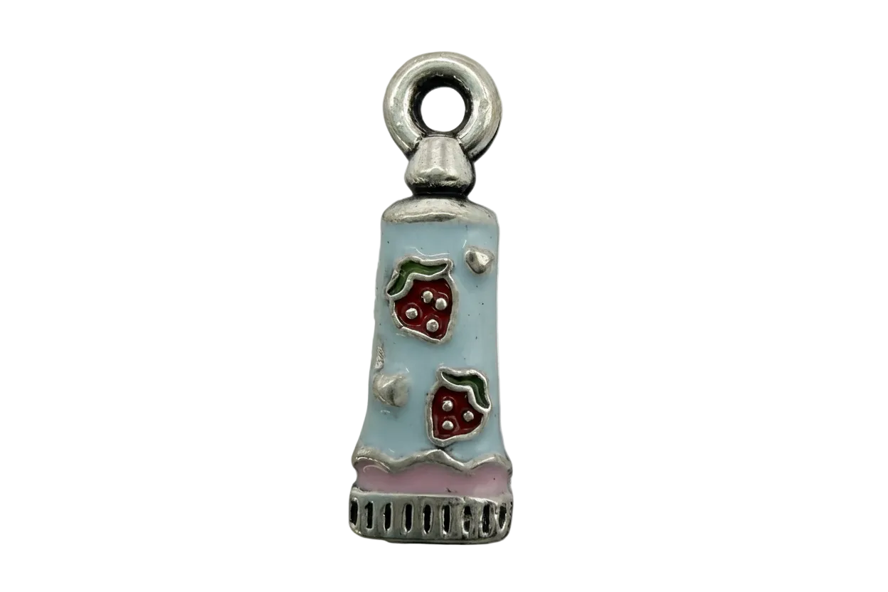 Pastel blue enamel dress with red strawberry details and pink hem in silver-tone metal