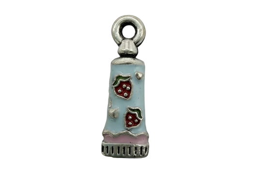 Pastel blue enamel dress with red strawberry details and pink hem in silver-tone metal