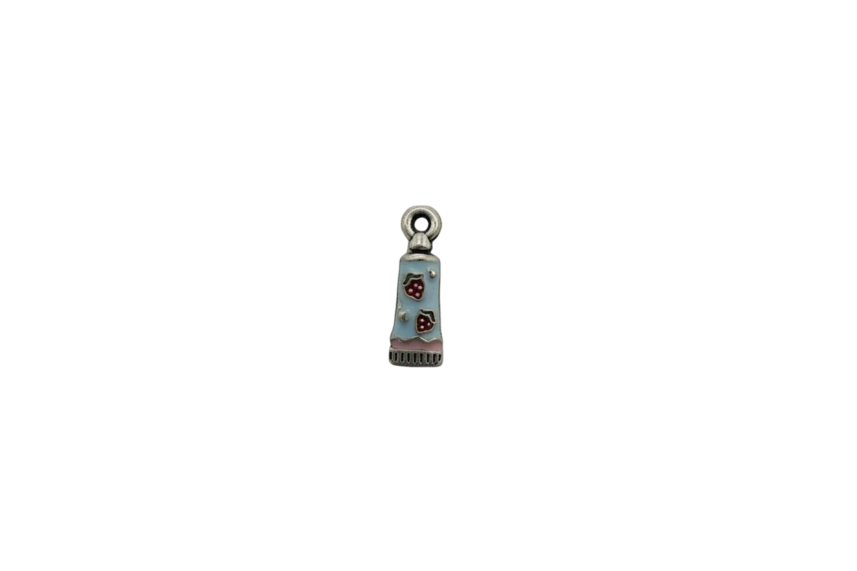 Blue enamel strawberry dress with pink hem, silver-tone