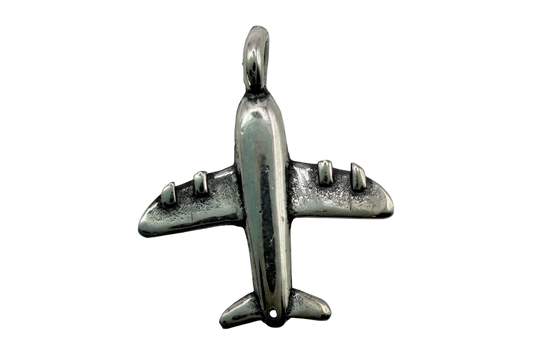 Polished silver-tone airplane pendant with sculpted wings and oxidized detailing