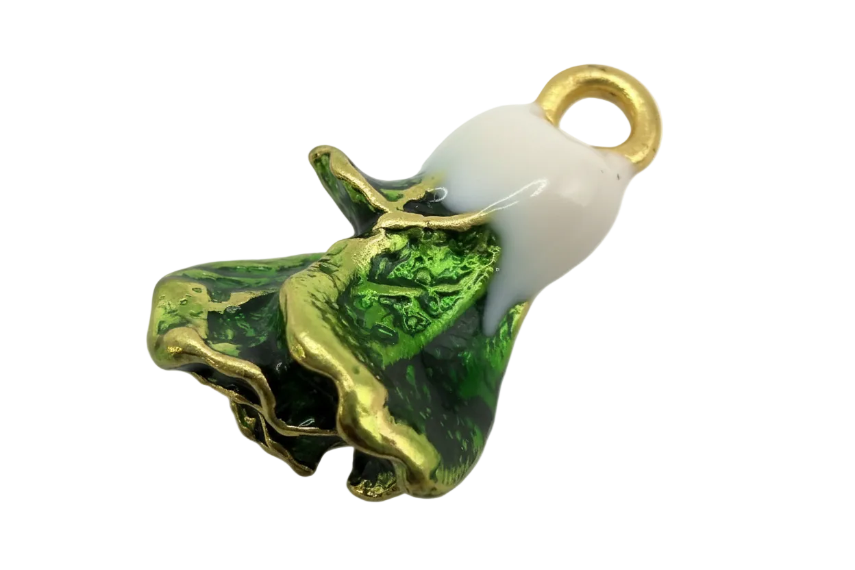 Cloaked ghost figure in emerald green enamel with gold trim and white top