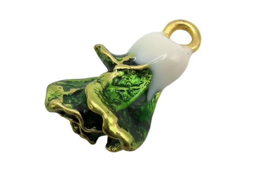Cloaked ghost figure in emerald green enamel with gold trim and white top