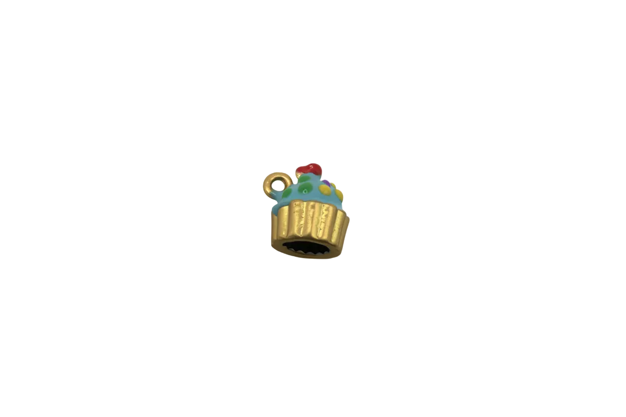 Gold cupcake with blue icing and multicolor sprinkles, red accent