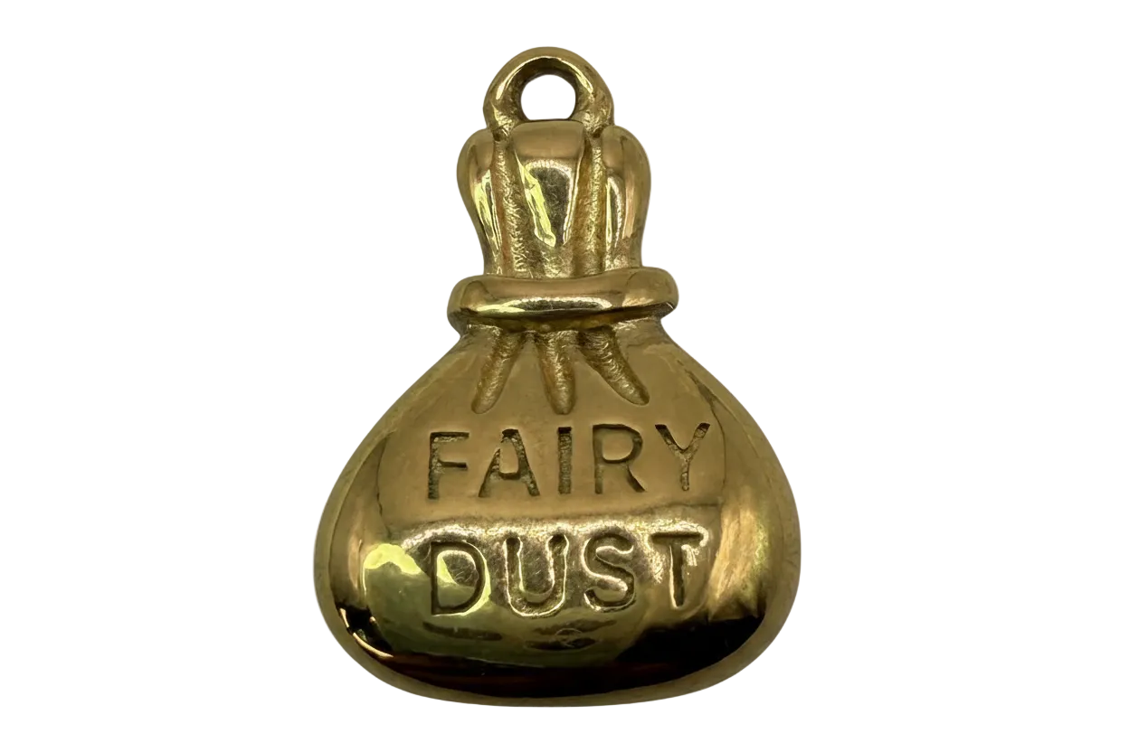 Glossy gold money bag charm with embossed “FAIRY DUST” text