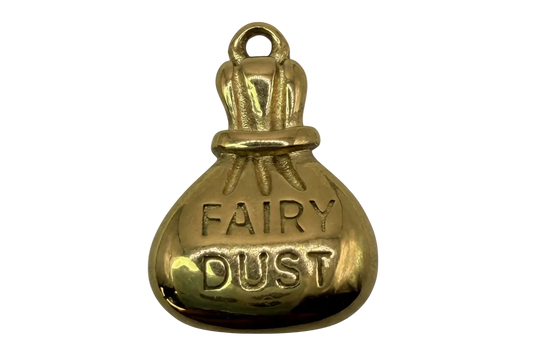 Glossy gold money bag charm with embossed “FAIRY DUST” text