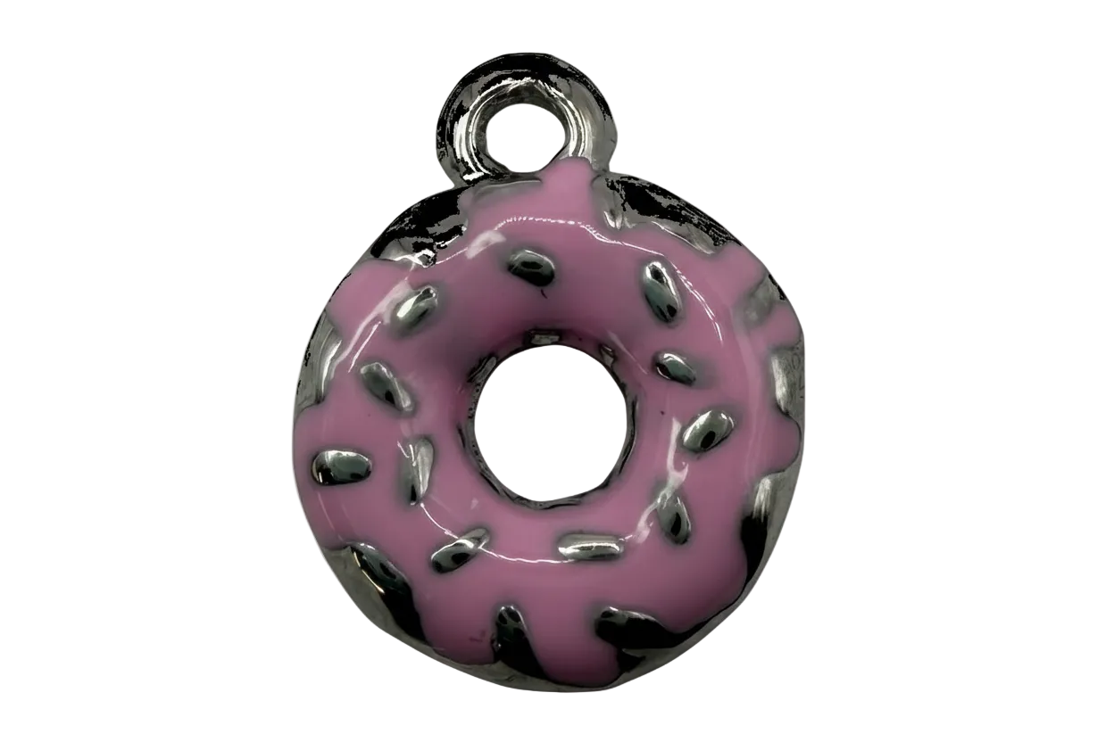 Pink frosted donut charm with silver sprinkles and polished silver edges