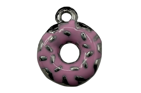 Pink frosted donut charm with silver sprinkles and polished silver edges