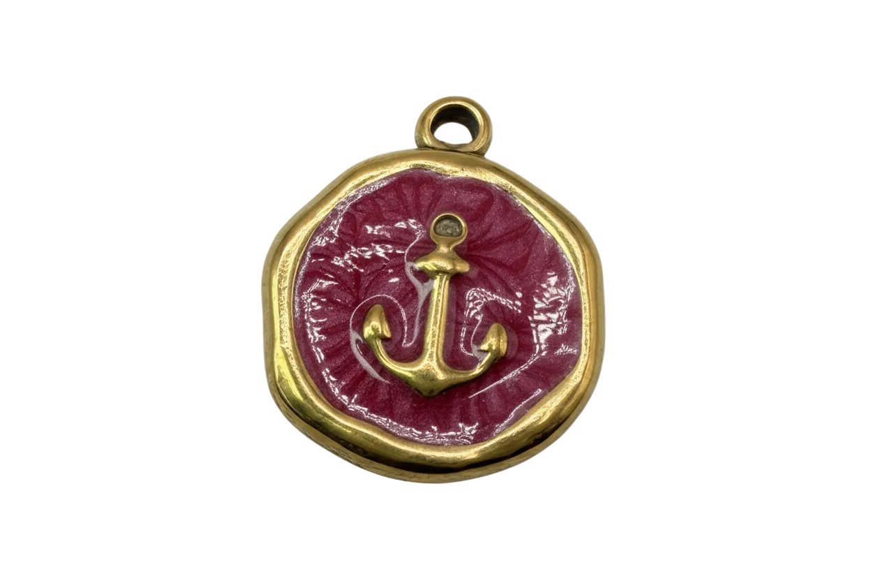 Crimson enamel anchor medallion with polished gold border