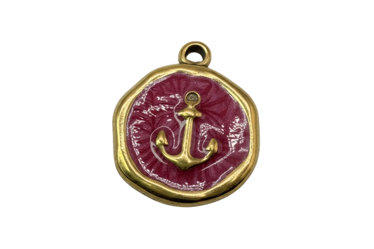 Crimson enamel anchor medallion with polished gold border