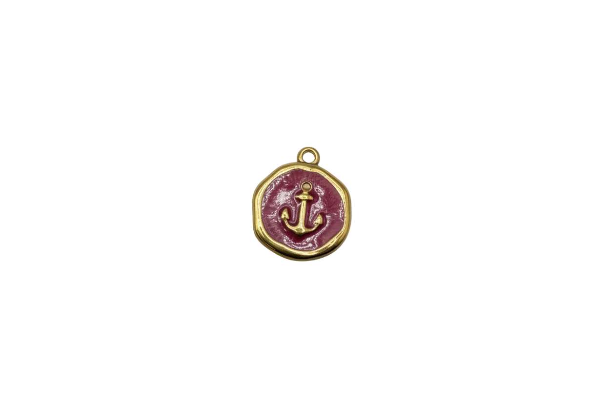 Crimson enamel anchor medallion in gold