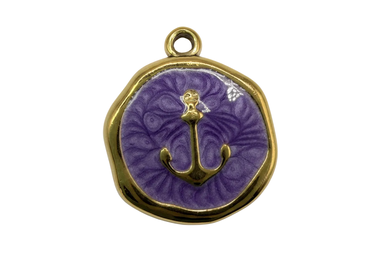 Gold anchor coin with marbled purple enamel face and glossy finish
