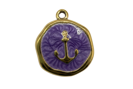 Gold anchor coin with marbled purple enamel face and glossy finish