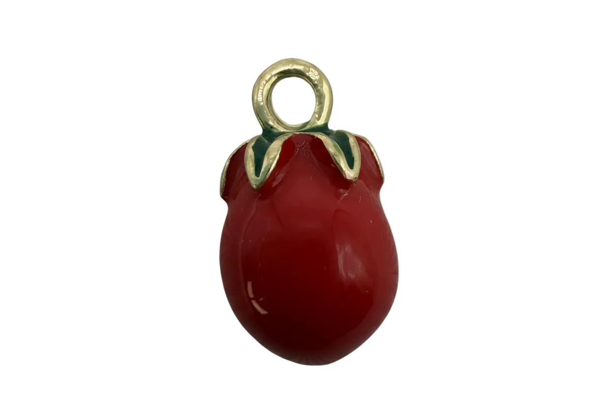 Glossy red strawberry charm with green enamel leaves and polished gold top