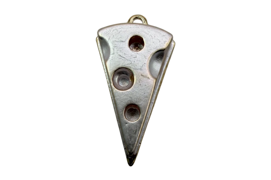 Ivory enamel Swiss cheese slice with gold outline and cutout holes